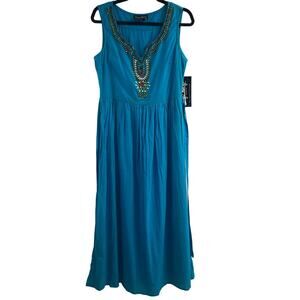 Tango Mango Blue Beaded Maxi Lined Belted Dress Women's Size S PocketsCottage